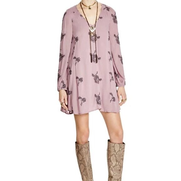 Free People "Emma" Embroidered Swing Dress Elderberry - Size L - Picture 2 of 6